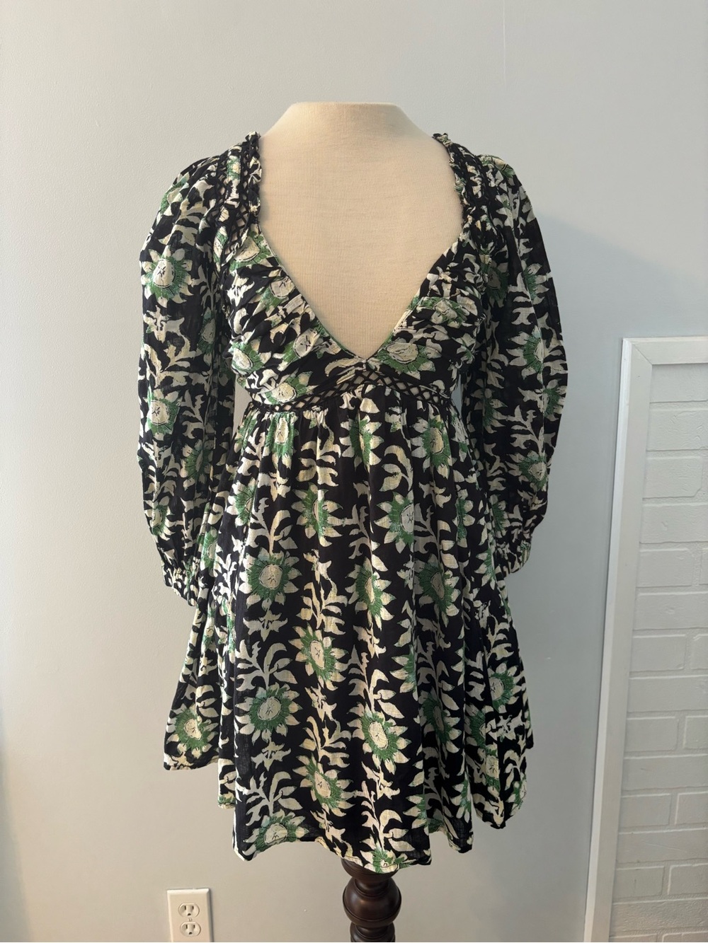 Free People Black Mini Dress with Green and White Floral Print NWOT